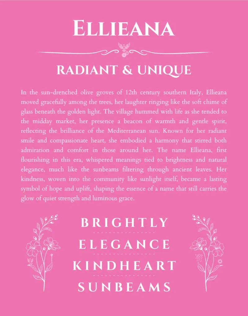 Ellieana personalized name print with origin and traits in pink
