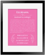 Ellieana personalized name print with origin and traits in pink with black matte frame
