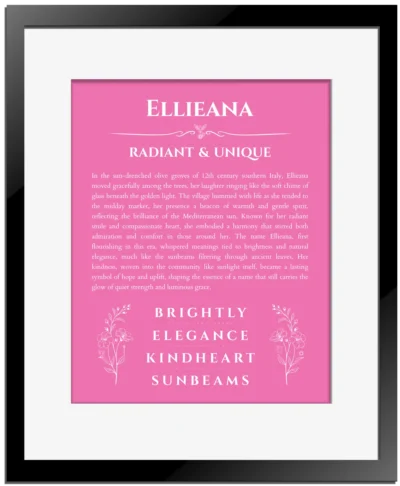 Ellieana personalized name print with origin and traits in pink with black matte frame