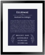 Elliemae custom name meaning print in navy blue with black matte frame