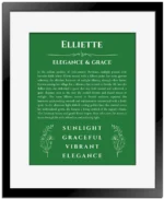 Elliette personalized wall art with the story of your name in dark green with black matte frame