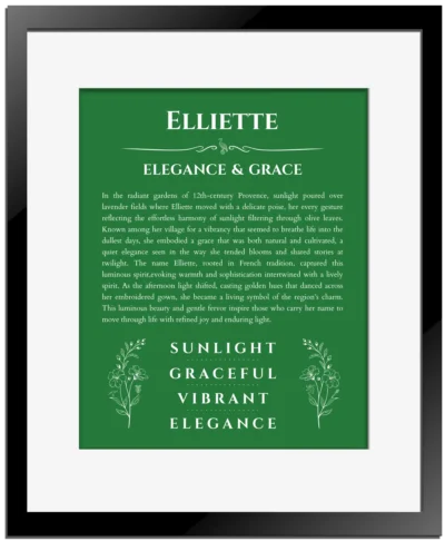 Elliette personalized wall art with the story of your name in dark green with black matte frame