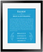 Elliot personalized name meaning print in blue with black matte frame