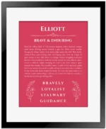 Elliott personalized name art with origin story in red with black matte frame