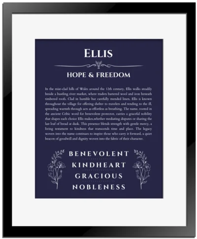 Ellis name meaning gift print in navy blue with black matte frame
