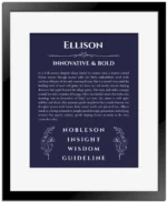 Ellison custom name print for wall display in navy blue with black matte frame