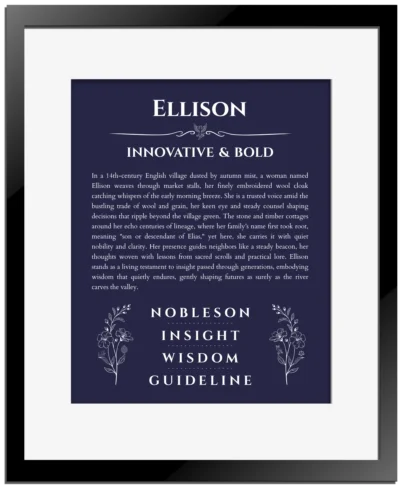 Ellison custom name print for wall display in navy blue with black matte frame