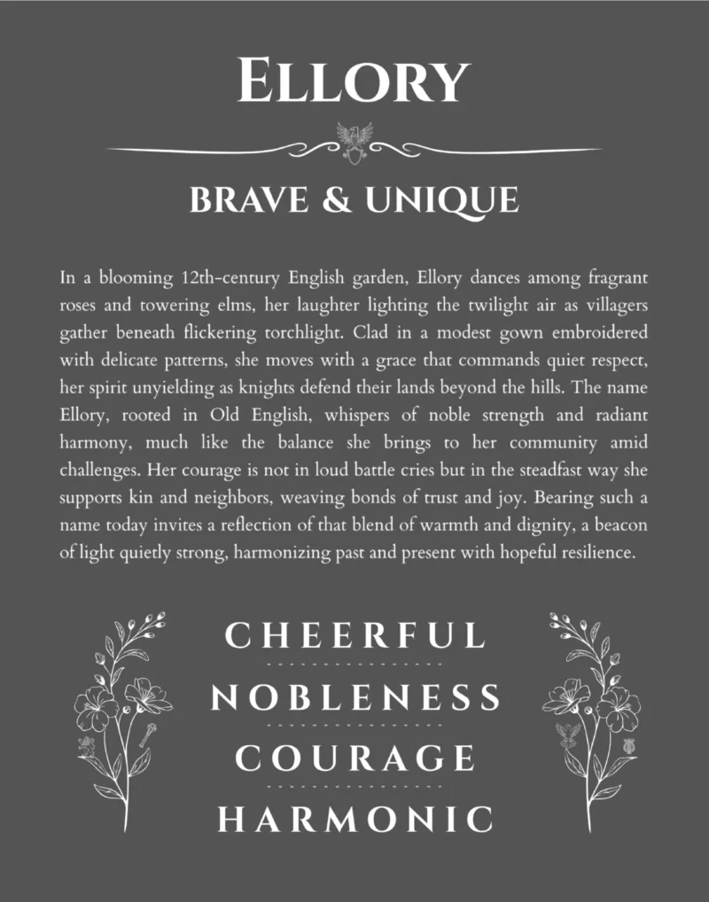 Ellory name origin print with meaning and traits in gray