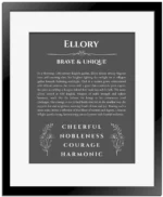 Ellory name origin print with meaning and traits in gray with black matte frame