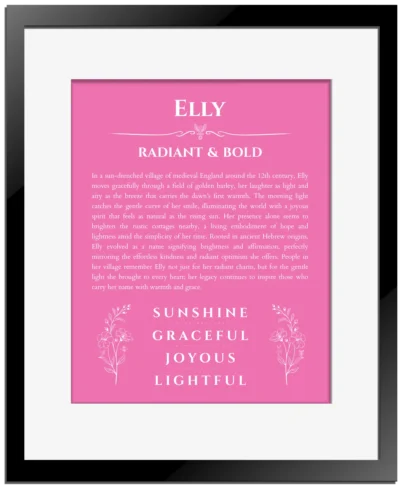 Elly personalized name art with origin story in pink with black matte frame