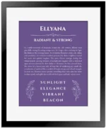 Ellyana personalized name print with origin and traits in purple with black matte frame