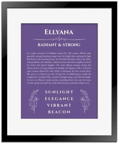 Ellyana personalized name print with origin and traits in purple with black matte frame