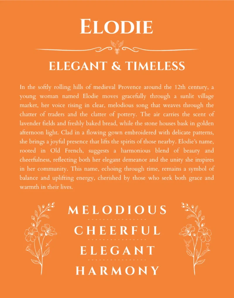 Elodie custom name art showing meaning and origin in orange