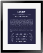 Elody personalized name print with origin and traits in navy blue with black matte frame