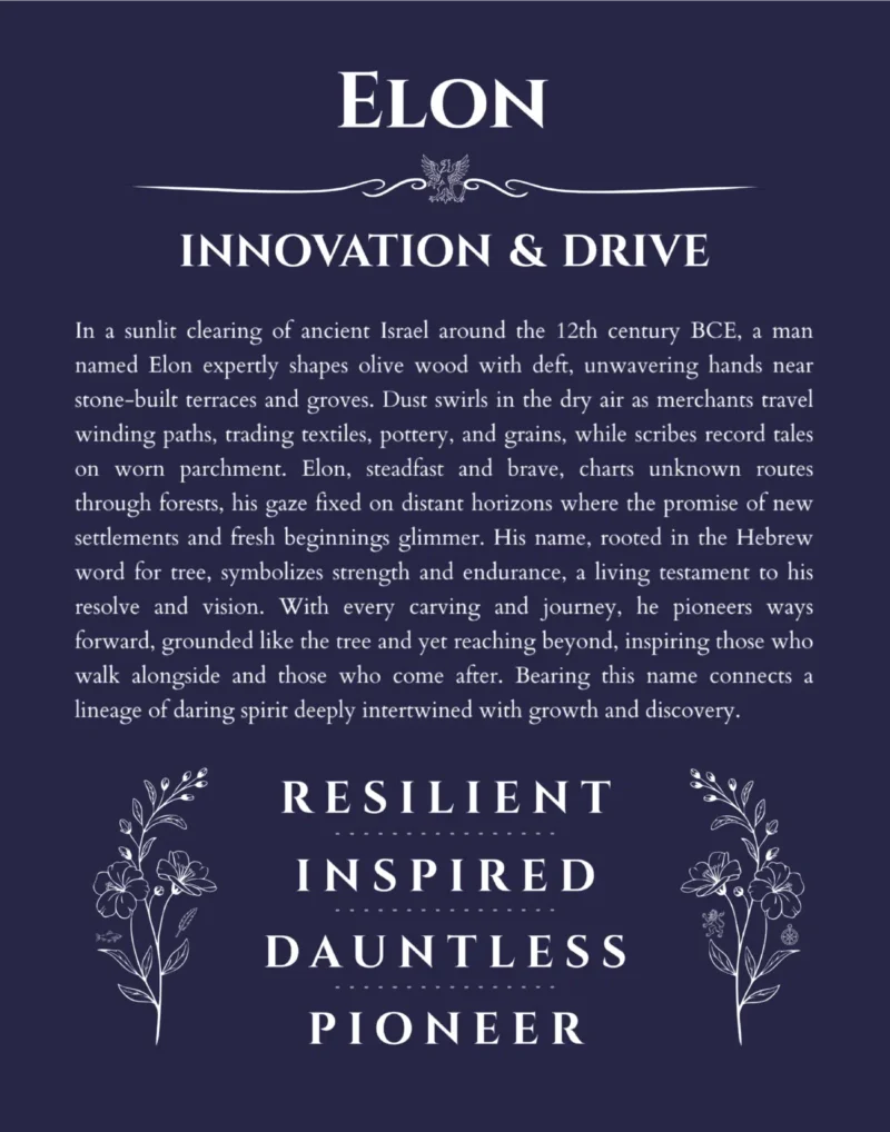 Elon personalized name art with origin story in navy blue