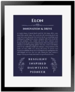 Elon personalized name art with origin story in navy blue with black matte frame