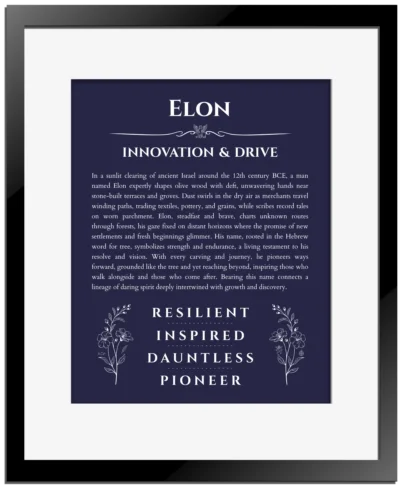Elon personalized name art with origin story in navy blue with black matte frame