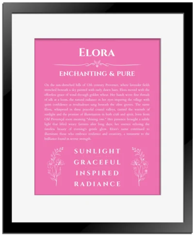 Elora name meaning gift print in pink with black matte frame