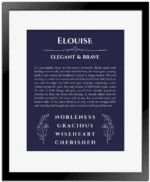 Elouise name meaning gift print in navy blue with black matte frame