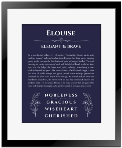 Elouise name meaning gift print in navy blue with black matte frame