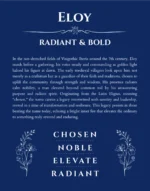 Eloy name origin print with meaning and traits in deep blue
