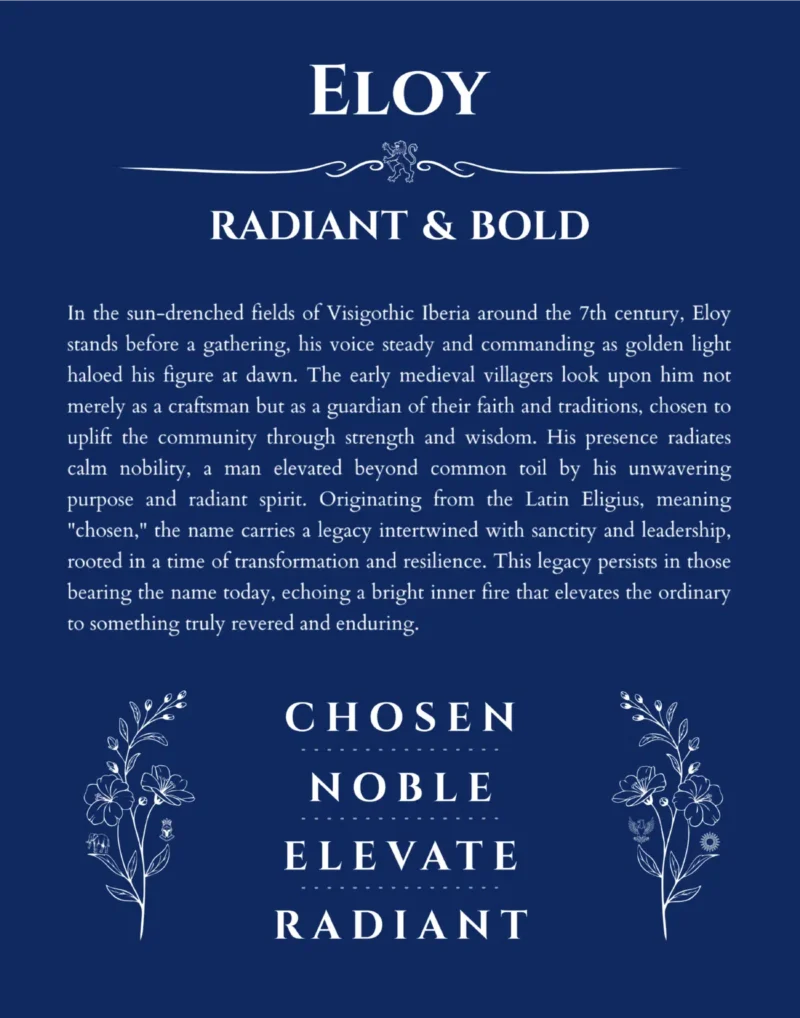 Eloy name origin print with meaning and traits in deep blue