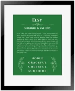 Elsy custom name print for wall display in dark green with black matte frame