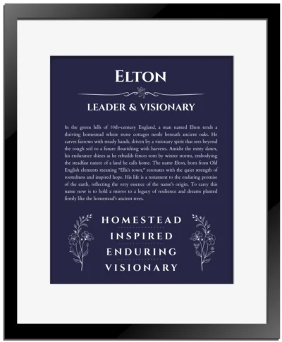 Elton personalized name meaning print in navy blue with black matte frame