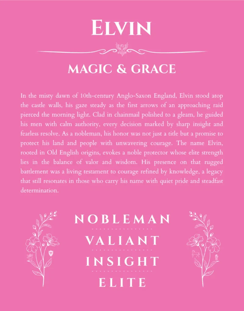 Elvin personalized name print with origin and traits in pink