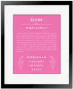 Elvin personalized name print with origin and traits in pink with black matte frame