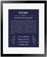 Elvira name meaning gift print in navy blue with black matte frame