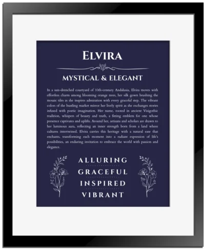 Elvira name meaning gift print in navy blue with black matte frame