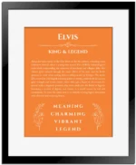 Elvis personalized name art with origin story in orange with black matte frame
