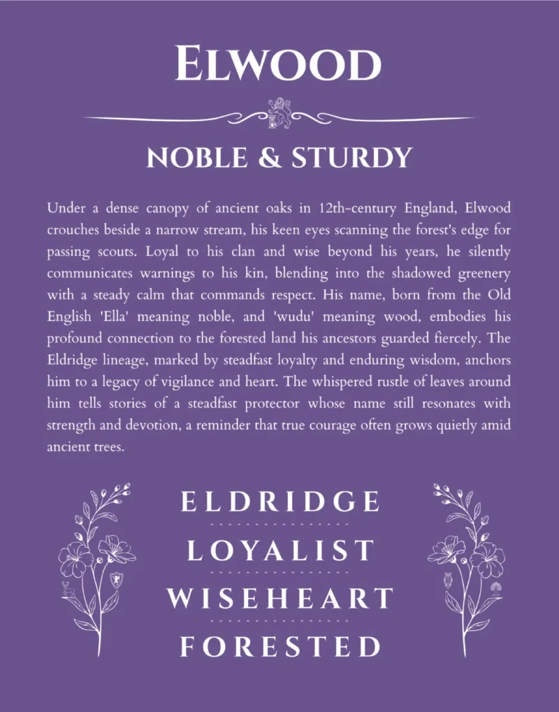 Elwood personalized name art with origin story in purple