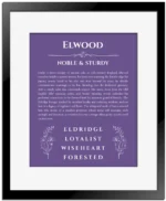 Elwood personalized name art with origin story in purple with black matte frame