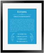 Elyana custom name art showing meaning and origin in blue with black matte frame