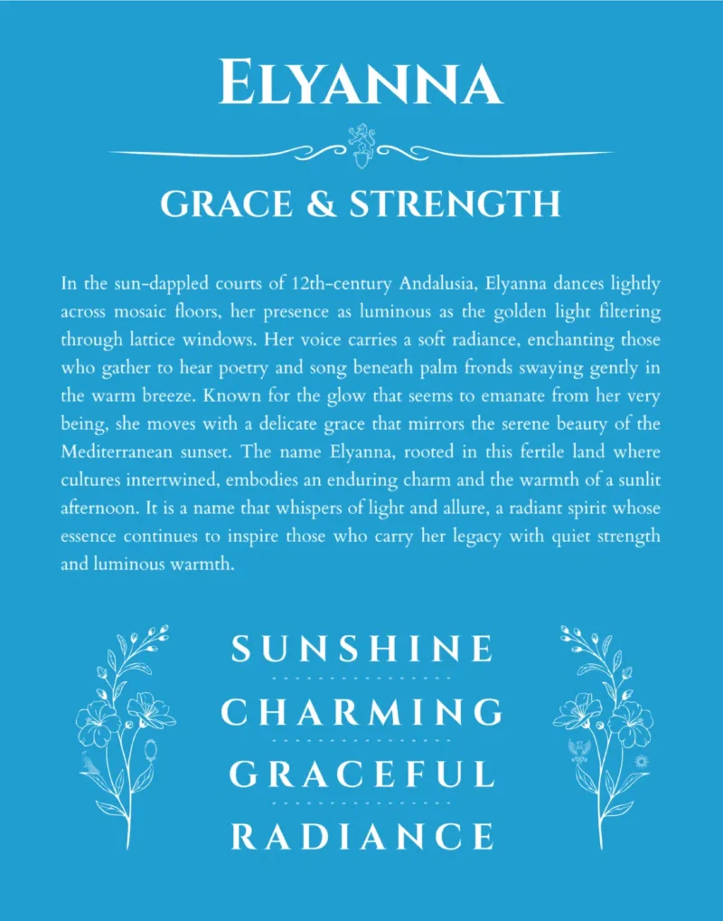 Elyanna custom name art showing meaning and origin in blue