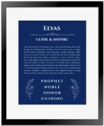 Elyas name origin print with meaning and traits in deep blue with black matte frame