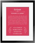 Elyjah name origin print with meaning and traits in red with black matte frame