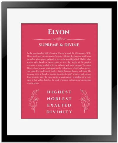 Elyon personalized name print with origin and traits in red with black matte frame