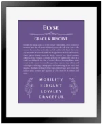 Elyse custom name meaning print in purple with black matte frame