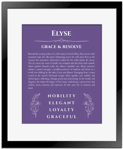 Elyse custom name meaning print in purple with black matte frame