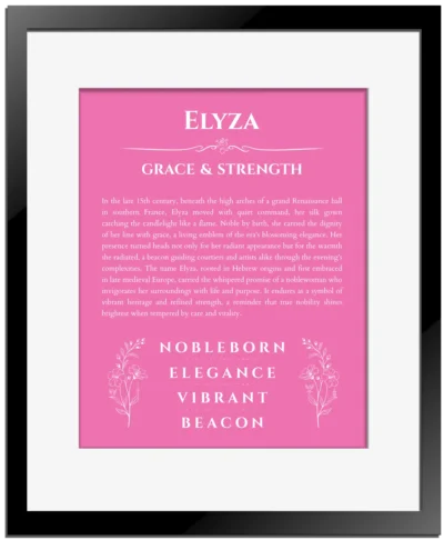 Elyza name meaning gift print in pink with black matte frame
