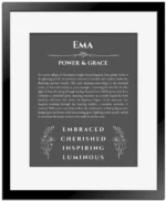 Ema name origin print with meaning and traits in gray with black matte frame