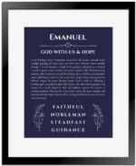 Emanuel personalized name meaning print in navy blue with black matte frame