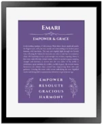 Emari personalized wall art with the story of your name in purple with black matte frame