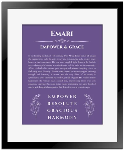 Emari personalized wall art with the story of your name in purple with black matte frame
