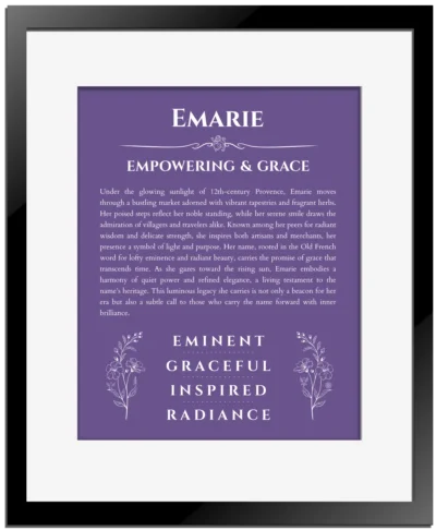 Emarie custom name meaning print in purple with black matte frame