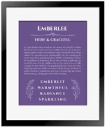 Emberlee personalized wall art with the story of your name in purple with black matte frame