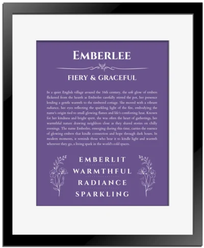 Emberlee personalized wall art with the story of your name in purple with black matte frame